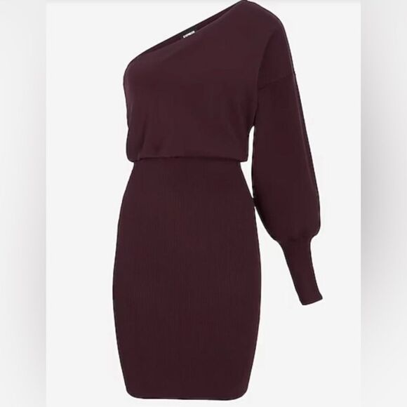 EXPRESS Deep Plum One Sleeve Fitted Above The Knee Dress - Picture 3 of 10